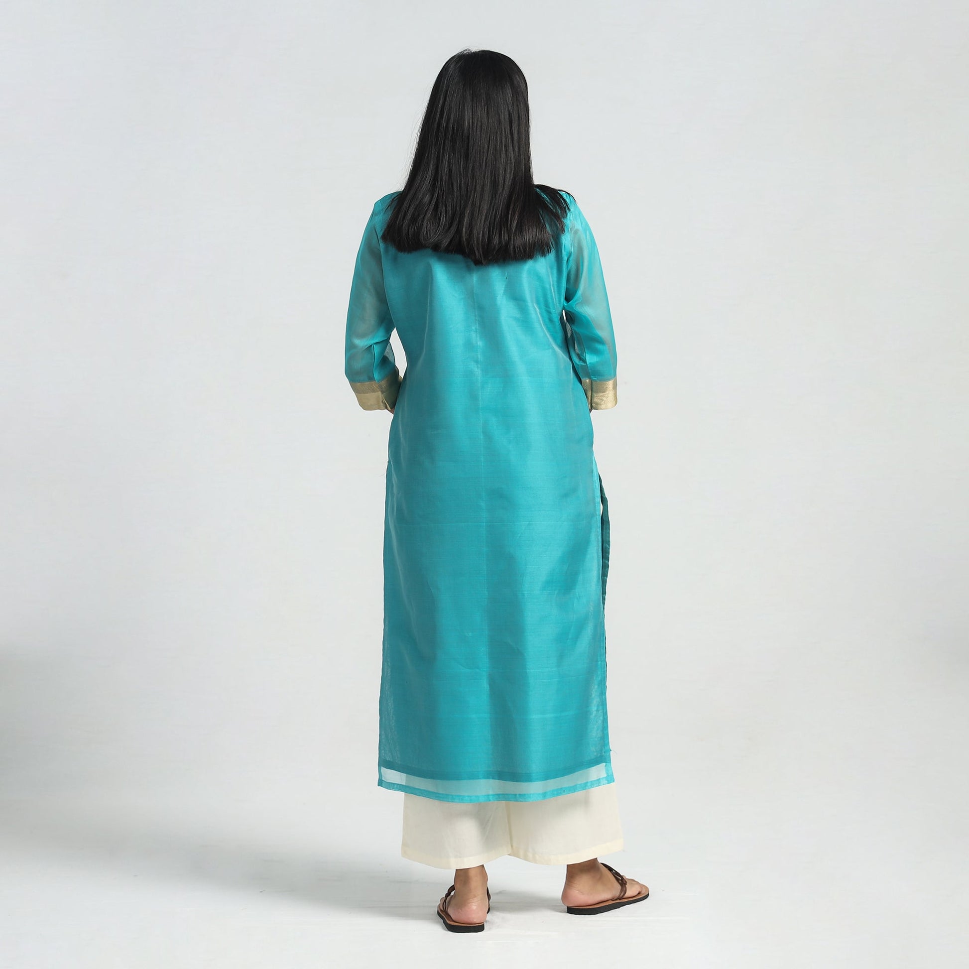 Aqua Blue - Traditional Maheshwari Handloom Silk Cotton Kurta with Dupatta Set