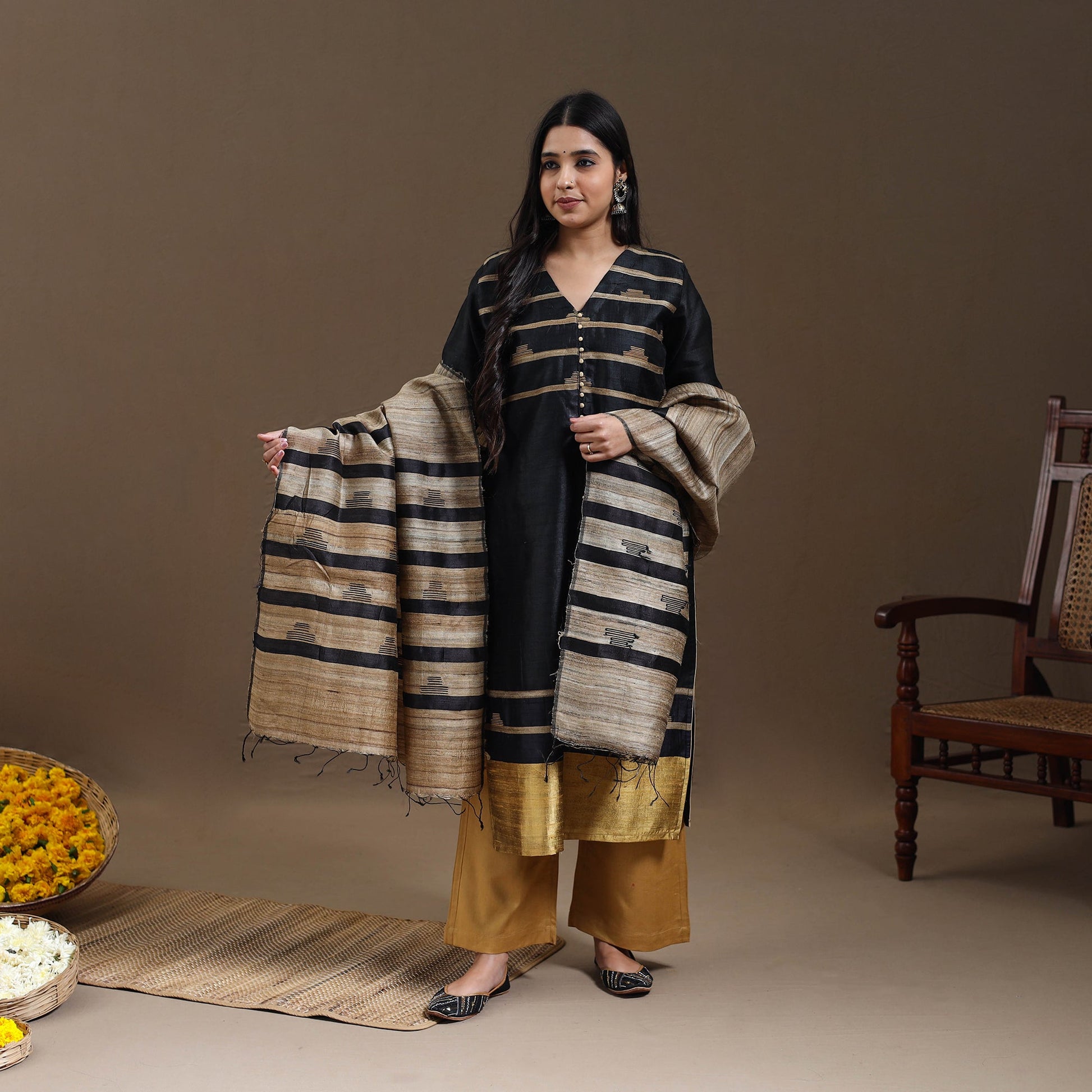Black - Bhagalpuri Handloom Tussar Silk Suit Set 03
