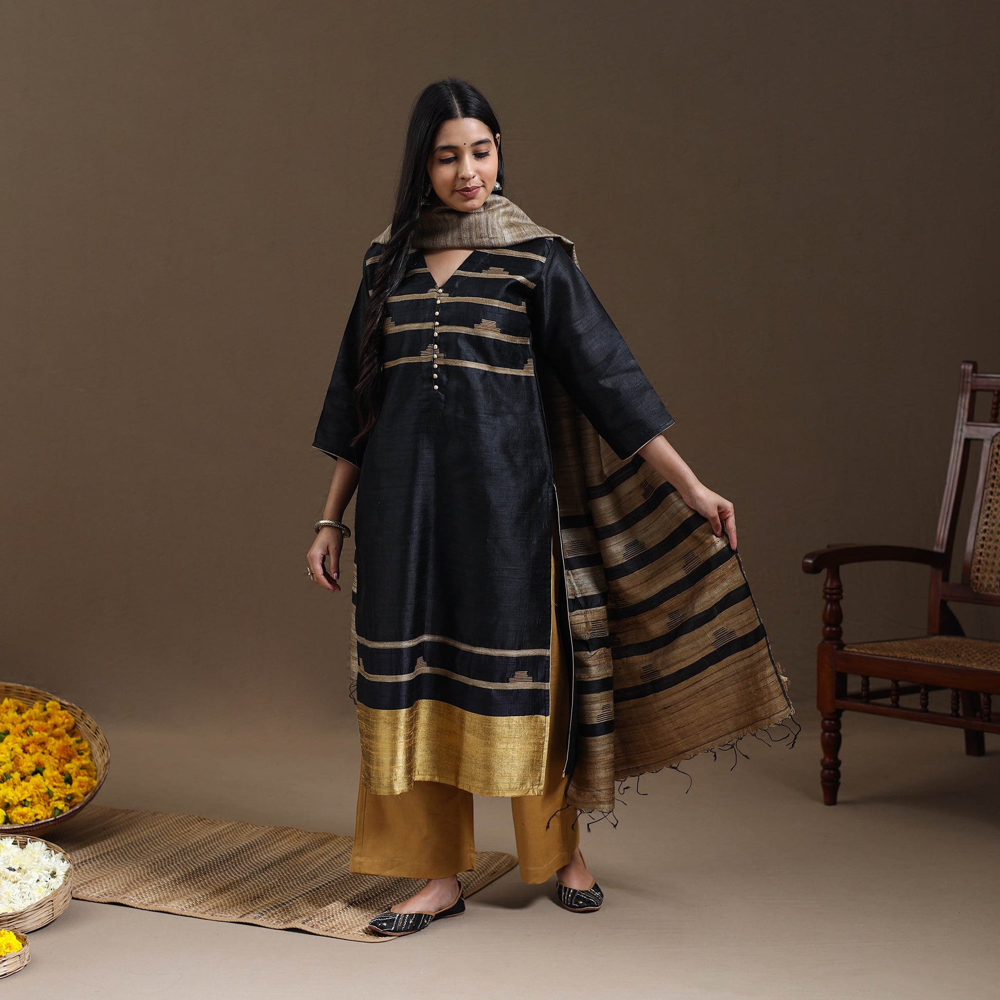 Black - Bhagalpuri Handloom Tussar Silk Suit Set 03
