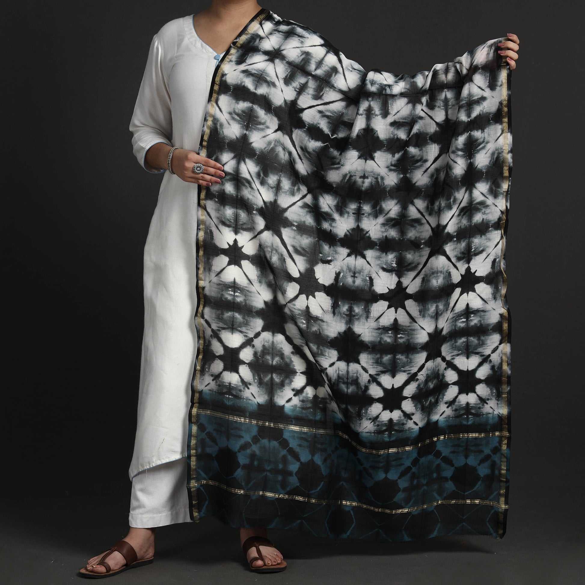 Black - Exclusive!! Handloom Shibori Tie-Dye Chanderi Silk Dupatta with Zari Border