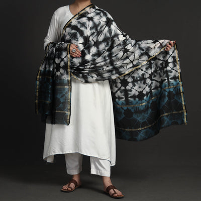 Black - Exclusive!! Handloom Shibori Tie-Dye Chanderi Silk Dupatta with Zari Border