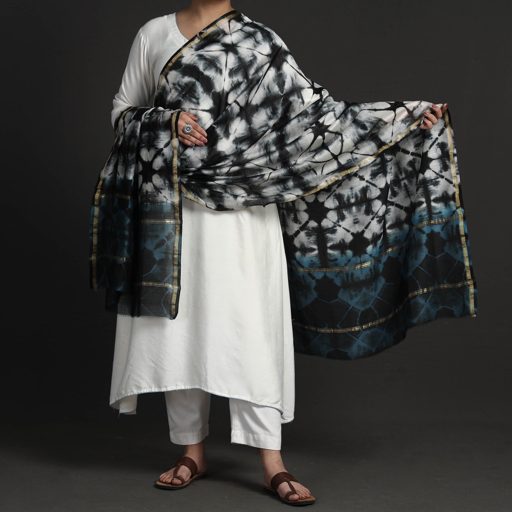 Black - Exclusive!! Handloom Shibori Tie-Dye Chanderi Silk Dupatta with Zari Border