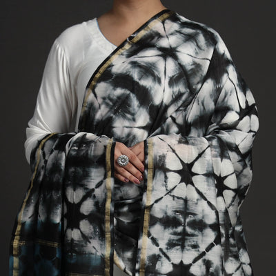 Black - Exclusive!! Handloom Shibori Tie-Dye Chanderi Silk Dupatta with Zari Border