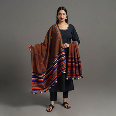 Brown - Kutch Embroidery Mirror Work Handwoven Woolen Shawl 05