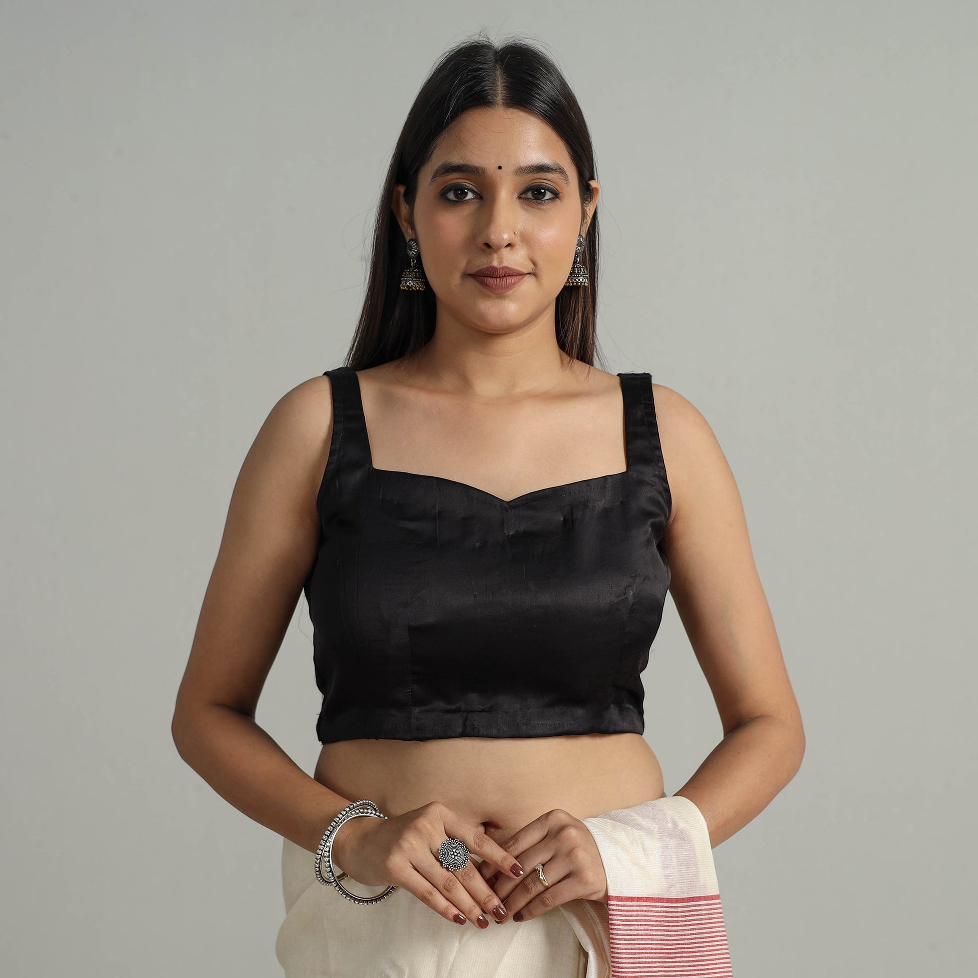 Black - Modal Silk Plain Stitched Blouse 09