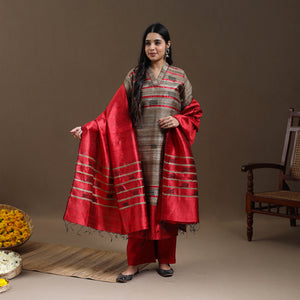 Beige - Bhagalpuri Handloom Tussar Silk Suit Set 06