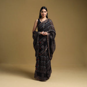 Black - Natural Dyed Block Print Kota Doria Cotton Ajrakh Saree 03