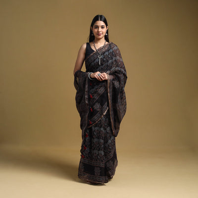 Black - Natural Dyed Block Print Kota Doria Cotton Ajrakh Saree 03