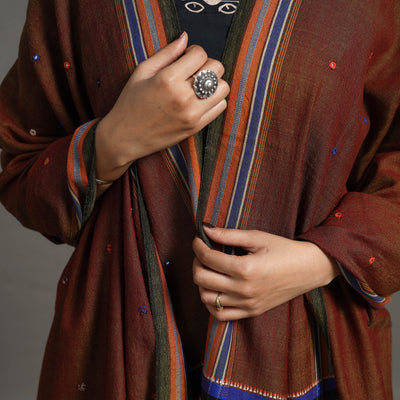 Brown - Kutch Embroidery Mirror Work Handwoven Woolen Shawl 05