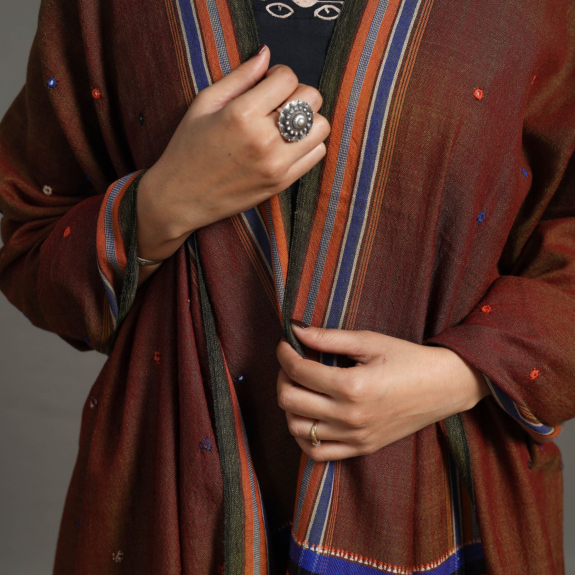 Brown - Kutch Embroidery Mirror Work Handwoven Woolen Shawl 05