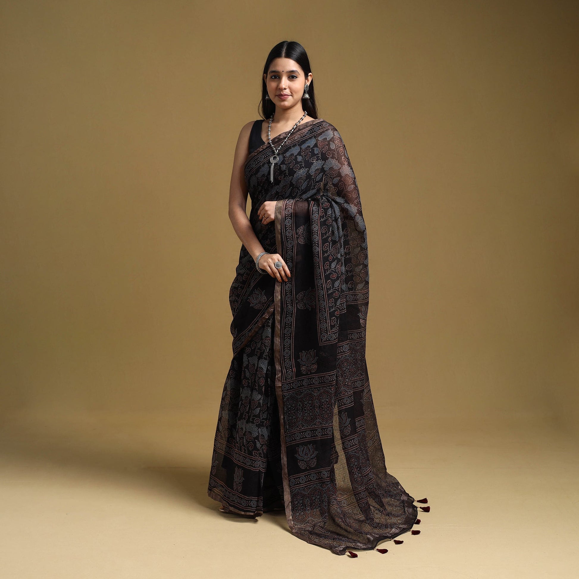 Black - Natural Dyed Block Print Kota Doria Cotton Ajrakh Saree 03