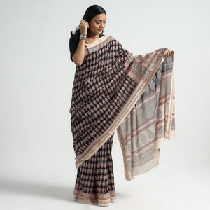 Black - Bagh Hand Block Printed Natural Dyed Maheshwari Silk Saree