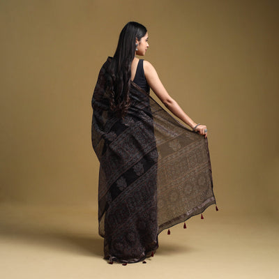 Black - Natural Dyed Block Print Kota Doria Cotton Ajrakh Saree 03