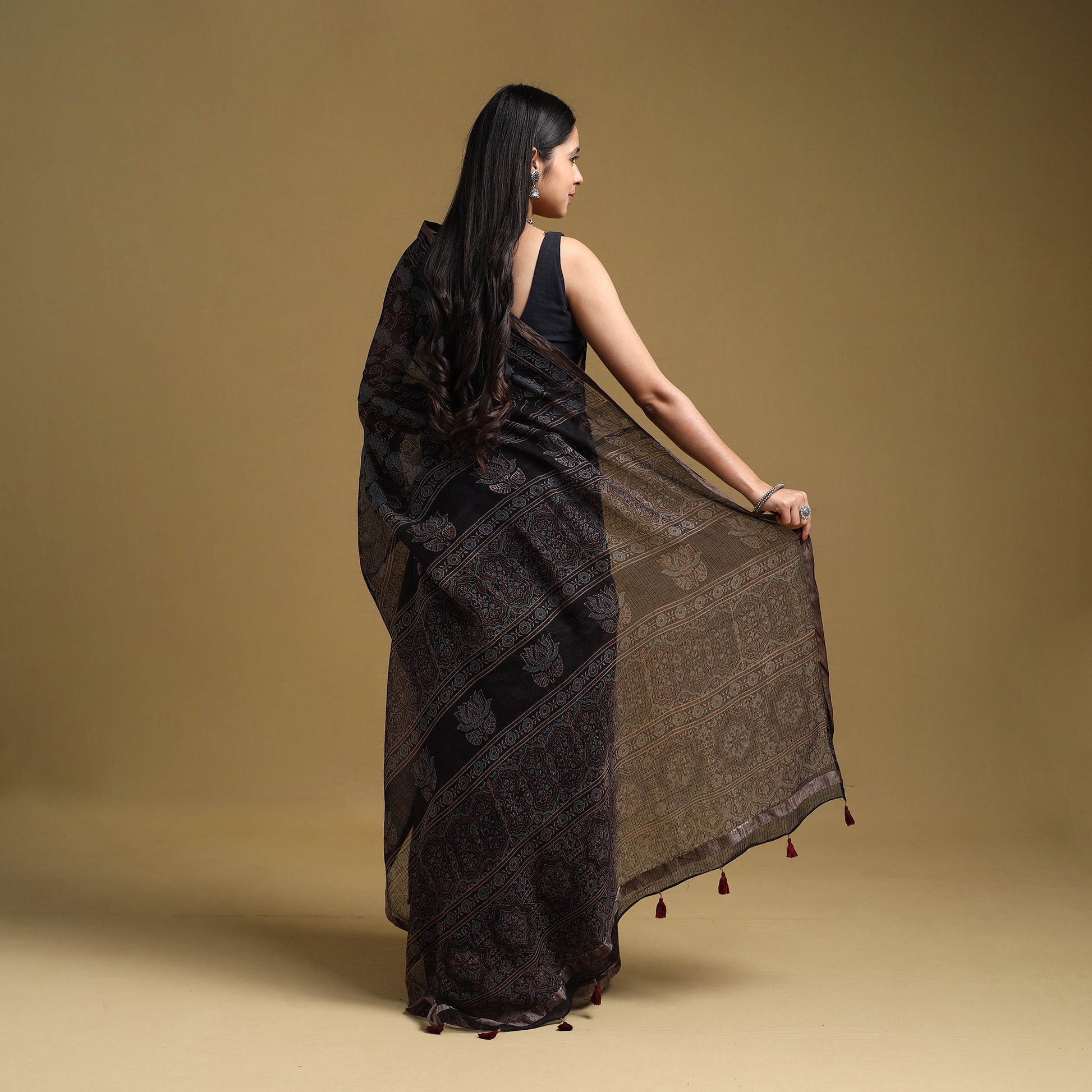 Black - Natural Dyed Block Print Kota Doria Cotton Ajrakh Saree 03