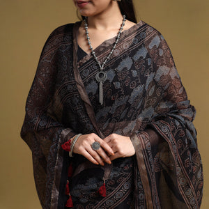 Black - Natural Dyed Block Print Kota Doria Cotton Ajrakh Saree 03