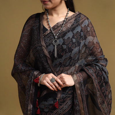 Black - Natural Dyed Block Print Kota Doria Cotton Ajrakh Saree 03