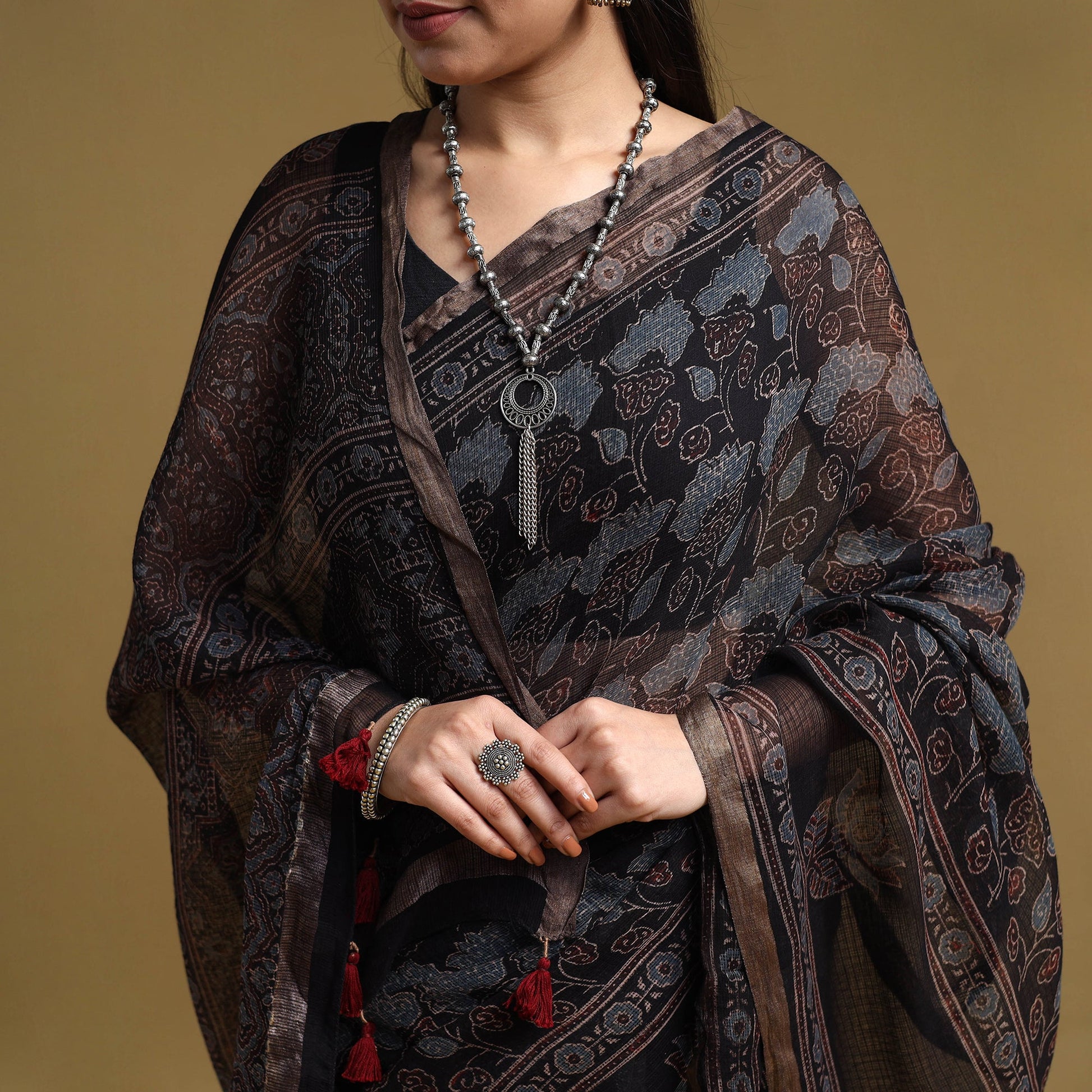 Black - Natural Dyed Block Print Kota Doria Cotton Ajrakh Saree 03
