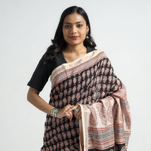 Black - Bagh Hand Block Printed Natural Dyed Maheshwari Silk Saree