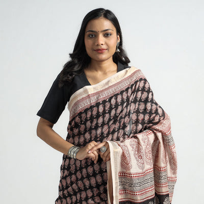 Black - Bagh Hand Block Printed Natural Dyed Maheshwari Silk Saree