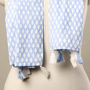 Blue - Block Print Cotton Sanganeri Stole with Tassels 54