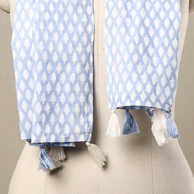 Blue - Block Print Cotton Sanganeri Stole with Tassels 54