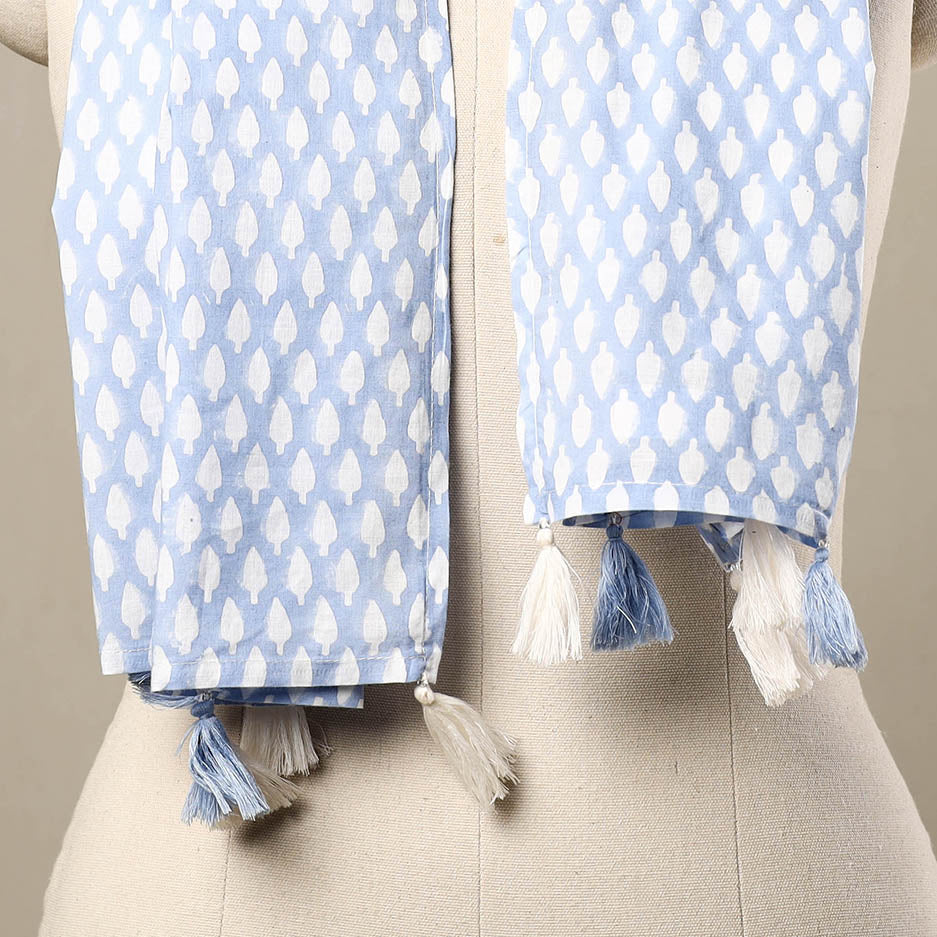 Blue - Block Print Cotton Sanganeri Stole with Tassels 54