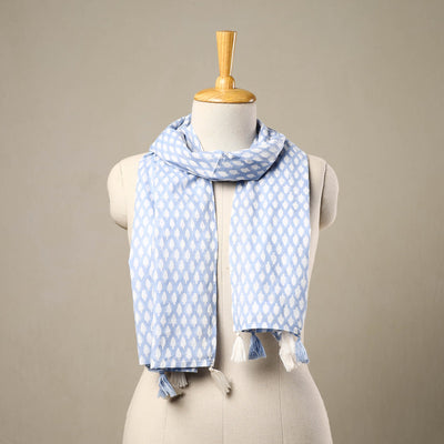 Blue - Block Print Cotton Sanganeri Stole with Tassels 54