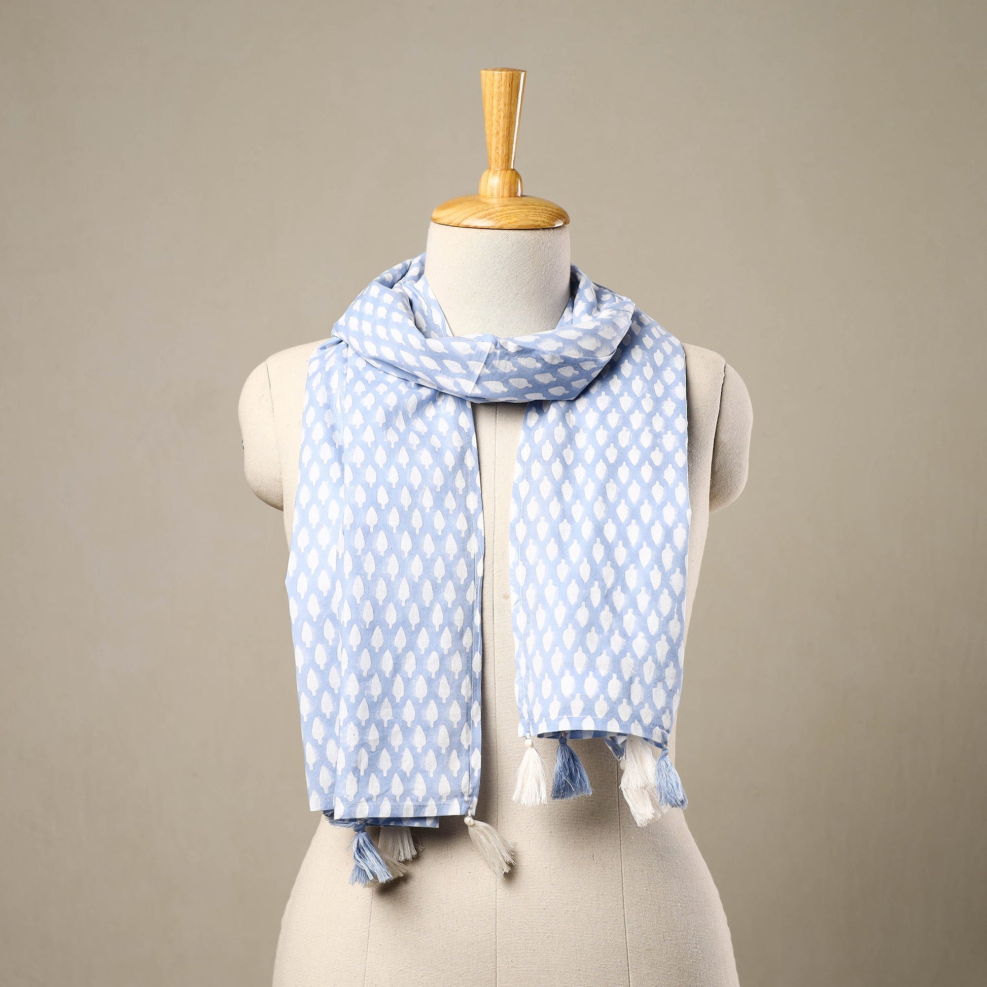 Blue - Block Print Cotton Sanganeri Stole with Tassels 54