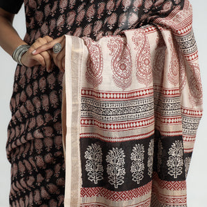 Black - Bagh Hand Block Printed Natural Dyed Maheshwari Silk Saree