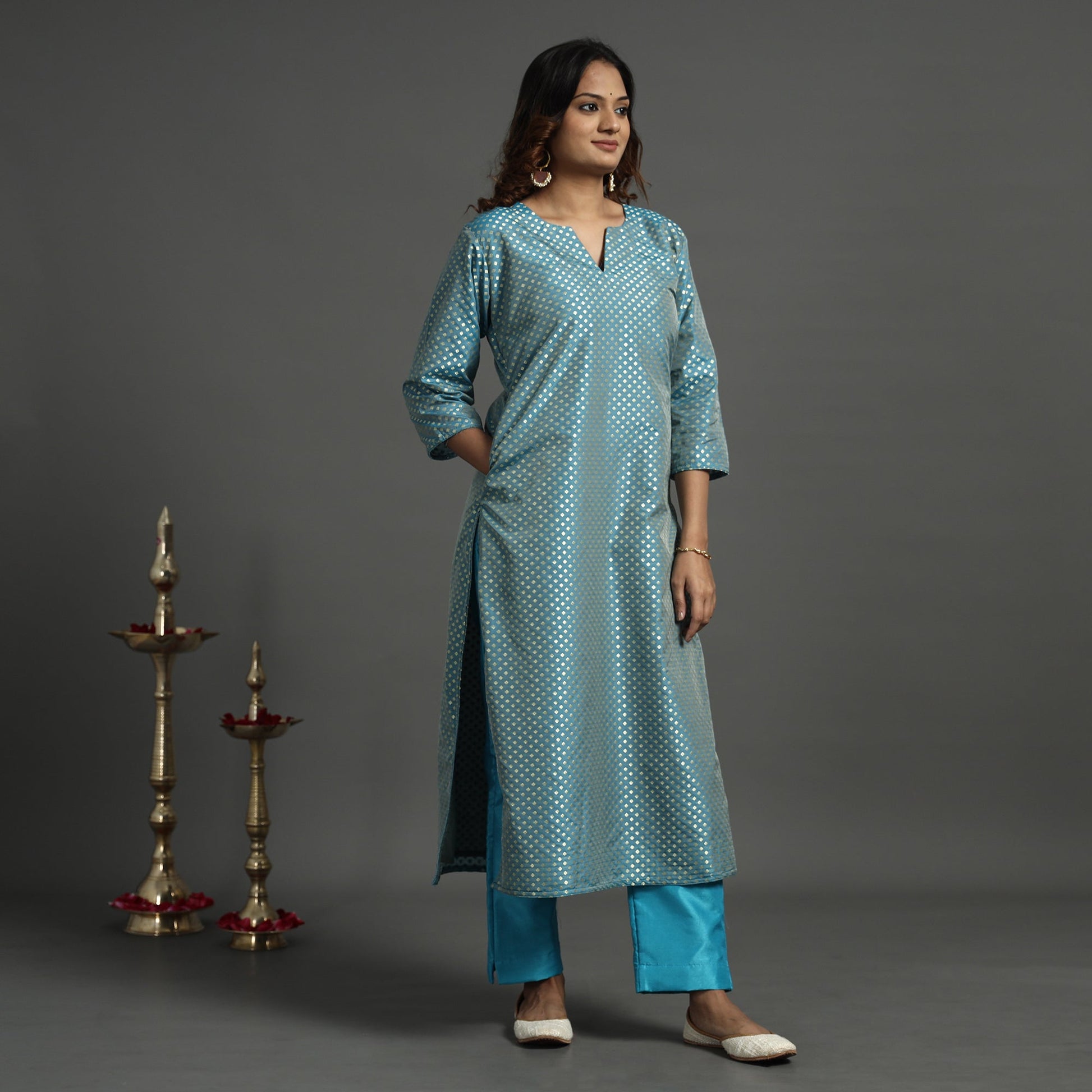 Aqua Blue - Elegant Banarasi Brocade Silk Kurta with Pant Set