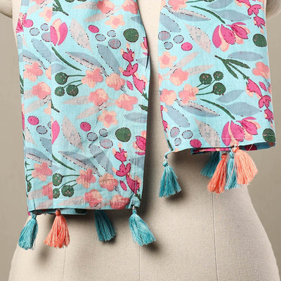 Blue - Block Print Cotton Sanganeri Stole with Tassels 55