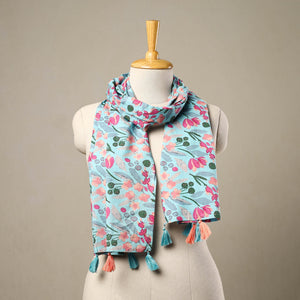Blue - Block Print Cotton Sanganeri Stole with Tassels 55
