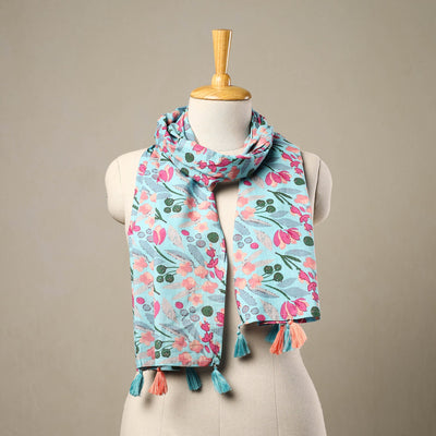 Blue - Block Print Cotton Sanganeri Stole with Tassels 55