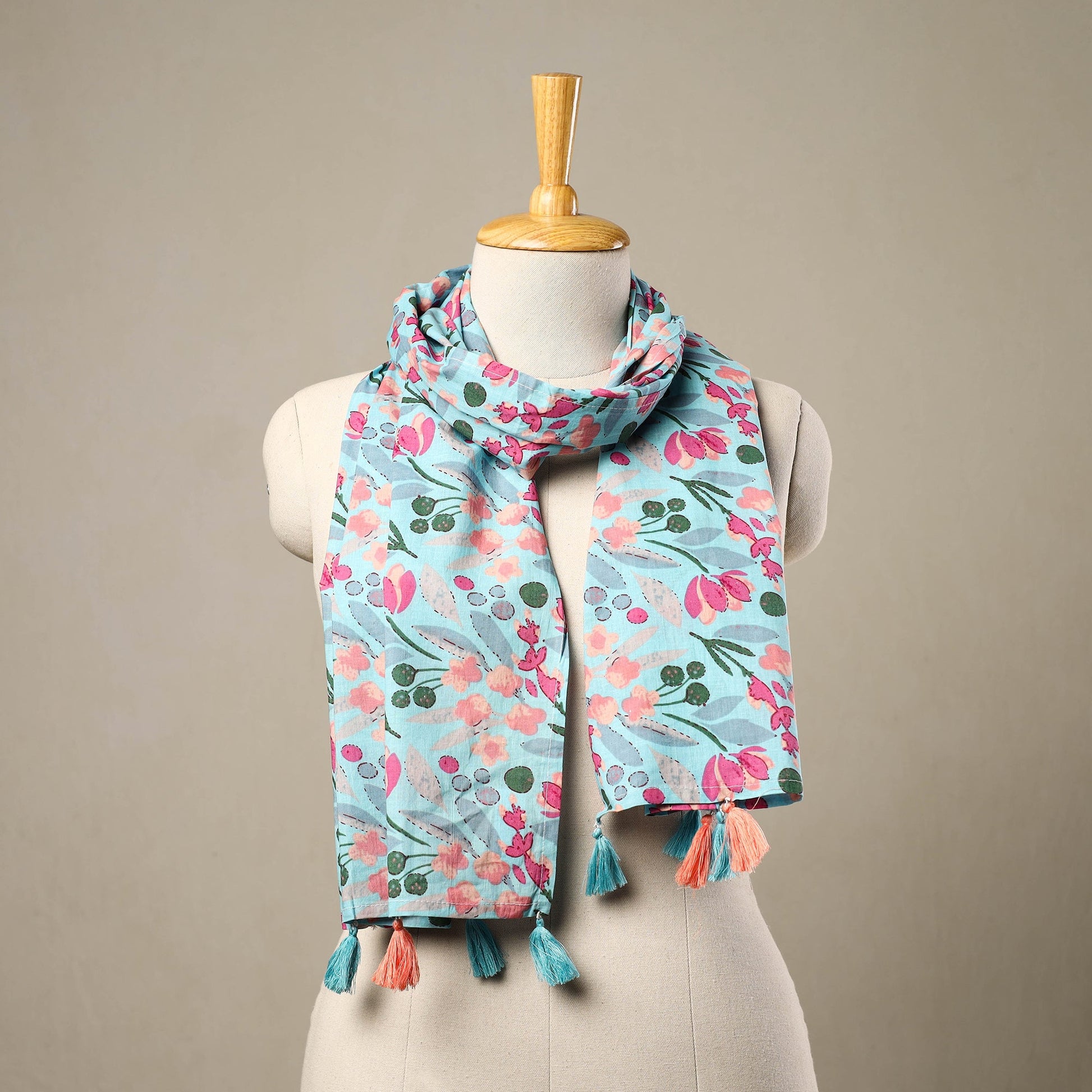 Blue - Block Print Cotton Sanganeri Stole with Tassels 55