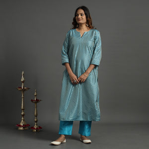 Aqua Blue - Elegant Banarasi Brocade Silk Kurta with Pant Set
