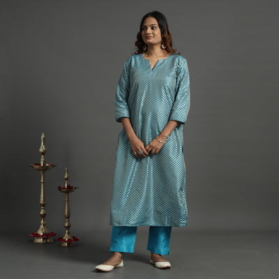 Aqua Blue - Elegant Banarasi Brocade Silk Kurta with Pant Set