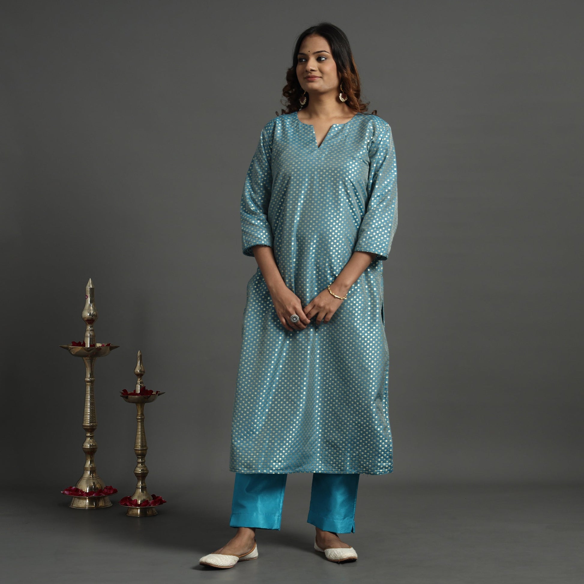 Aqua Blue - Elegant Banarasi Brocade Silk Kurta with Pant Set