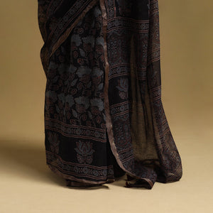 Black - Natural Dyed Block Print Kota Doria Cotton Ajrakh Saree 03