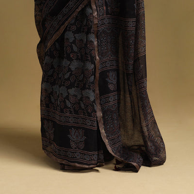 Black - Natural Dyed Block Print Kota Doria Cotton Ajrakh Saree 03