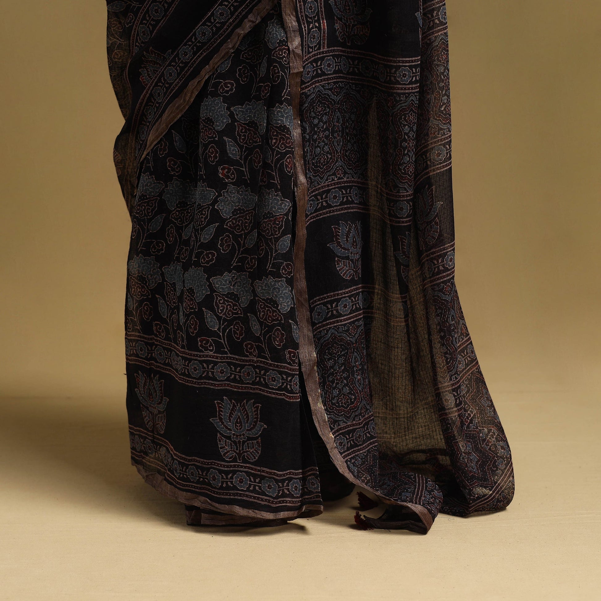 Black - Natural Dyed Block Print Kota Doria Cotton Ajrakh Saree 03