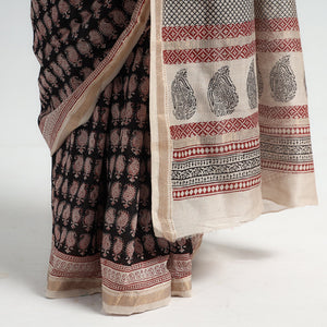 Black - Bagh Hand Block Printed Natural Dyed Maheshwari Silk Saree