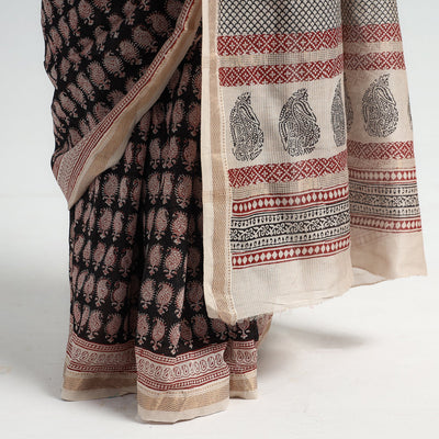 Black - Bagh Hand Block Printed Natural Dyed Maheshwari Silk Saree