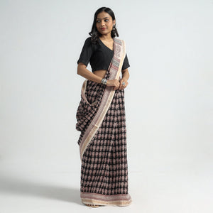 Black - Bagh Hand Block Printed Natural Dyed Maheshwari Silk Saree