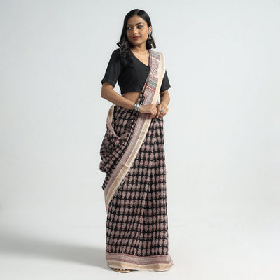 Black - Bagh Hand Block Printed Natural Dyed Maheshwari Silk Saree