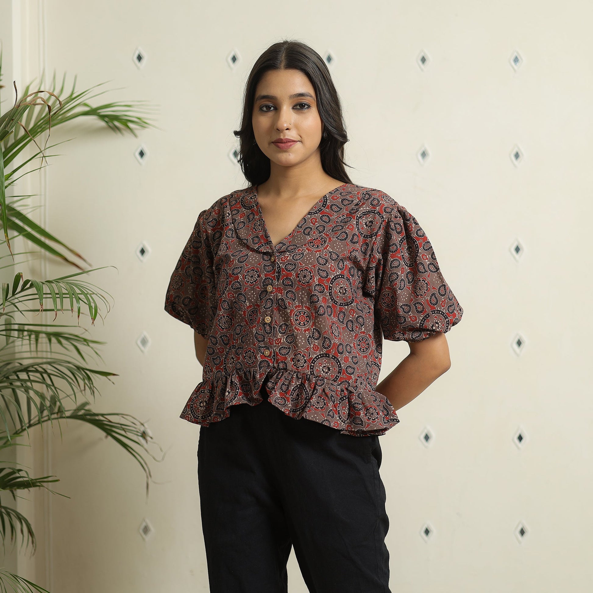 Brown - Ajrakh Block Printed Cotton Crop Top 15