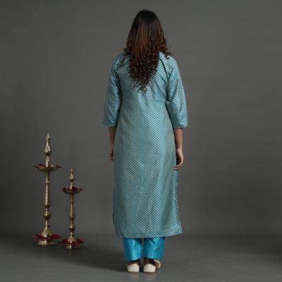 Aqua Blue - Elegant Banarasi Brocade Silk Kurta with Pant Set