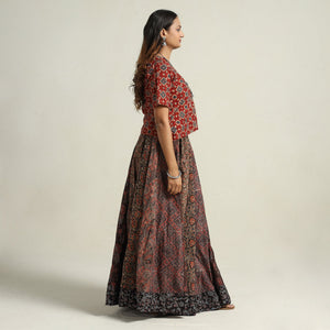 Brown - Ajrakh Block Printed 24 Kali Patchwork Cotton Long Skirt 38