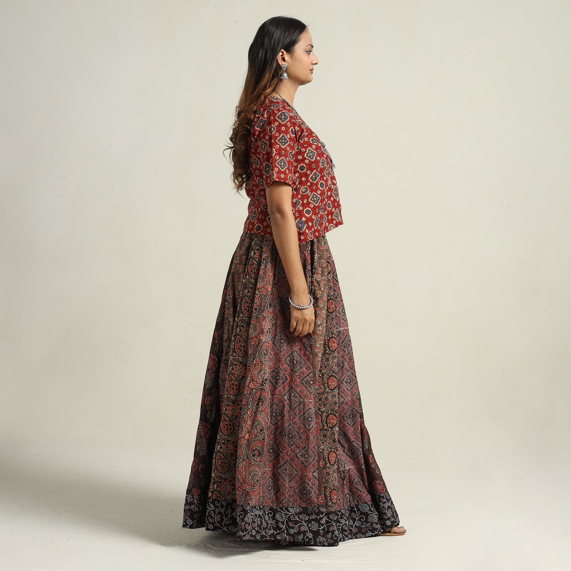 Brown - Ajrakh Block Printed 24 Kali Patchwork Cotton Long Skirt 38
