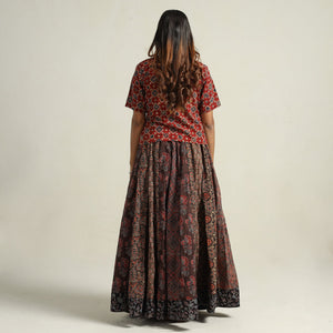 Brown - Ajrakh Block Printed 24 Kali Patchwork Cotton Long Skirt 38