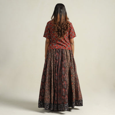 Brown - Ajrakh Block Printed 24 Kali Patchwork Cotton Long Skirt 38
